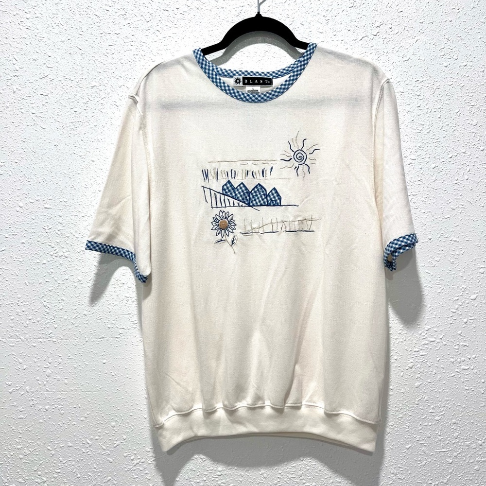 Blast gingham vintage style gingham‎ motif Embroidered Women's Blouse L